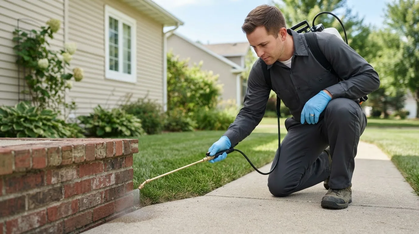 Pest control technician treating a home near German Valley, IL
