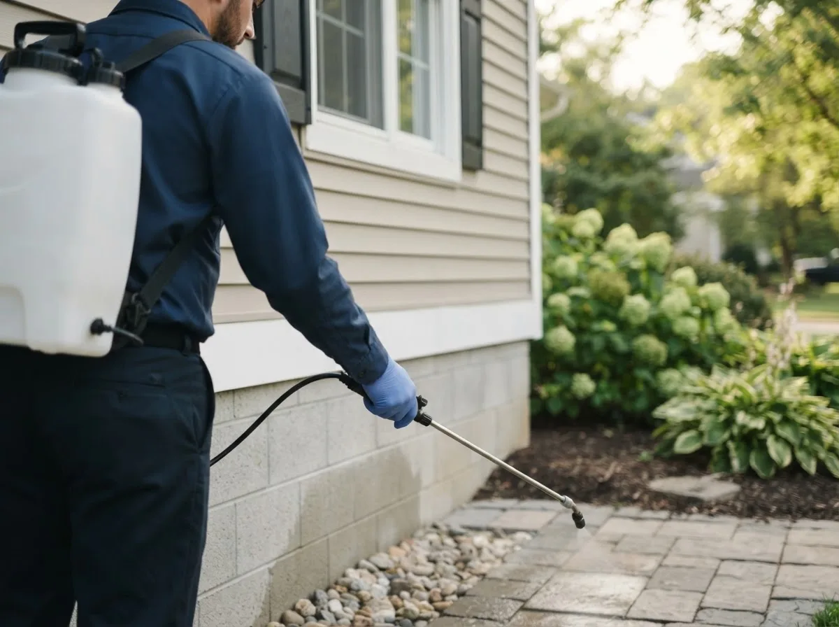 Pest control technician inspecting a home in German Valley, IL